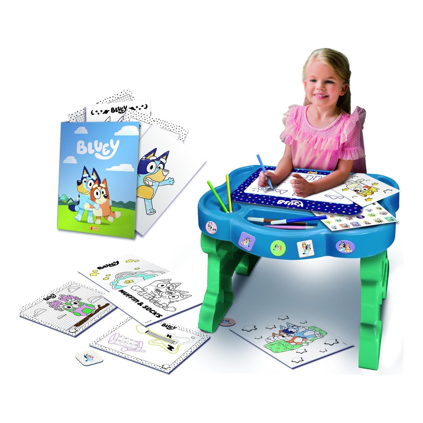Lisciani Bluey Edu Desk - Creative Art Kit With Erasable Board, Coloring Books, And Storage Desk