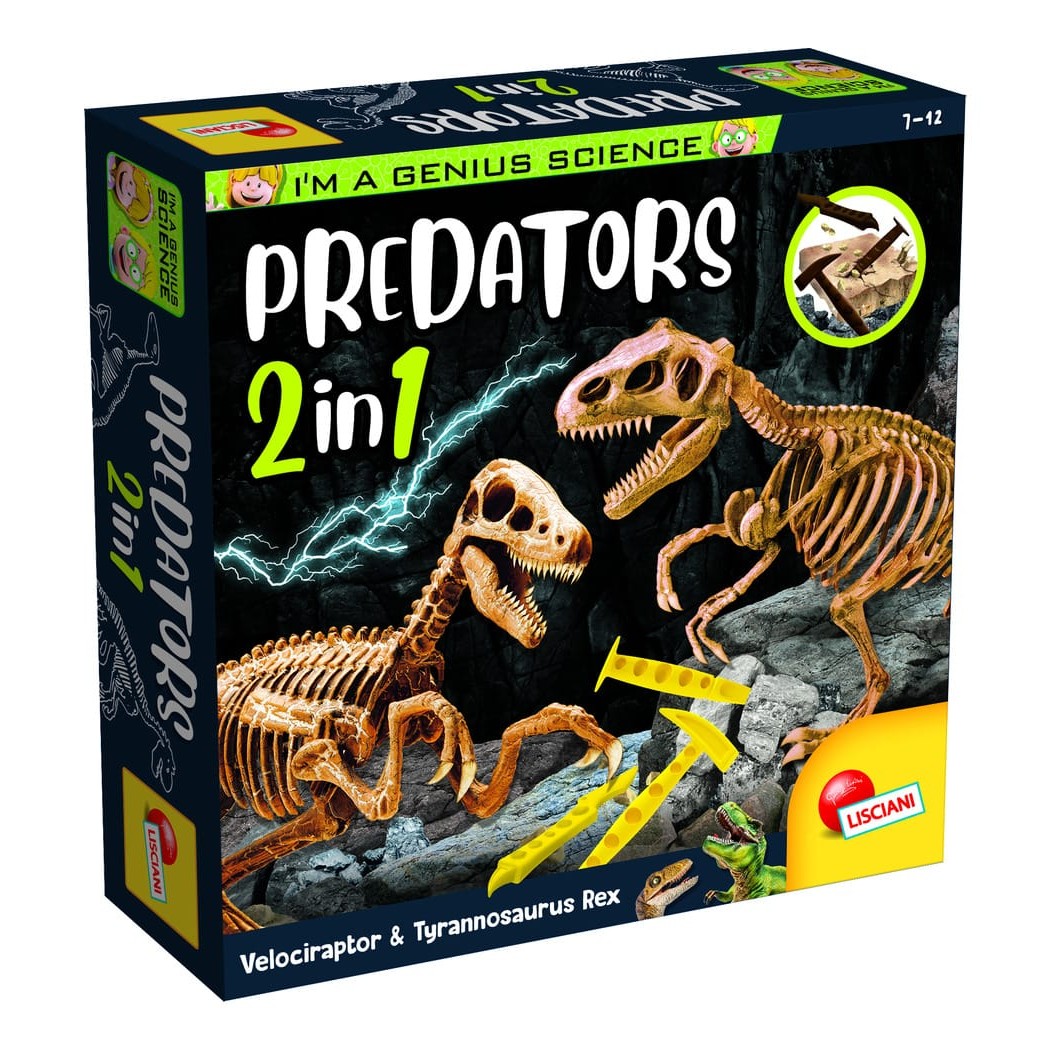 Lisciani I'm A Genius 2 In 1 Super Kit - Excavate And Assemble Realistic Tyrannosaurus Rex And Velociraptor Skeletons