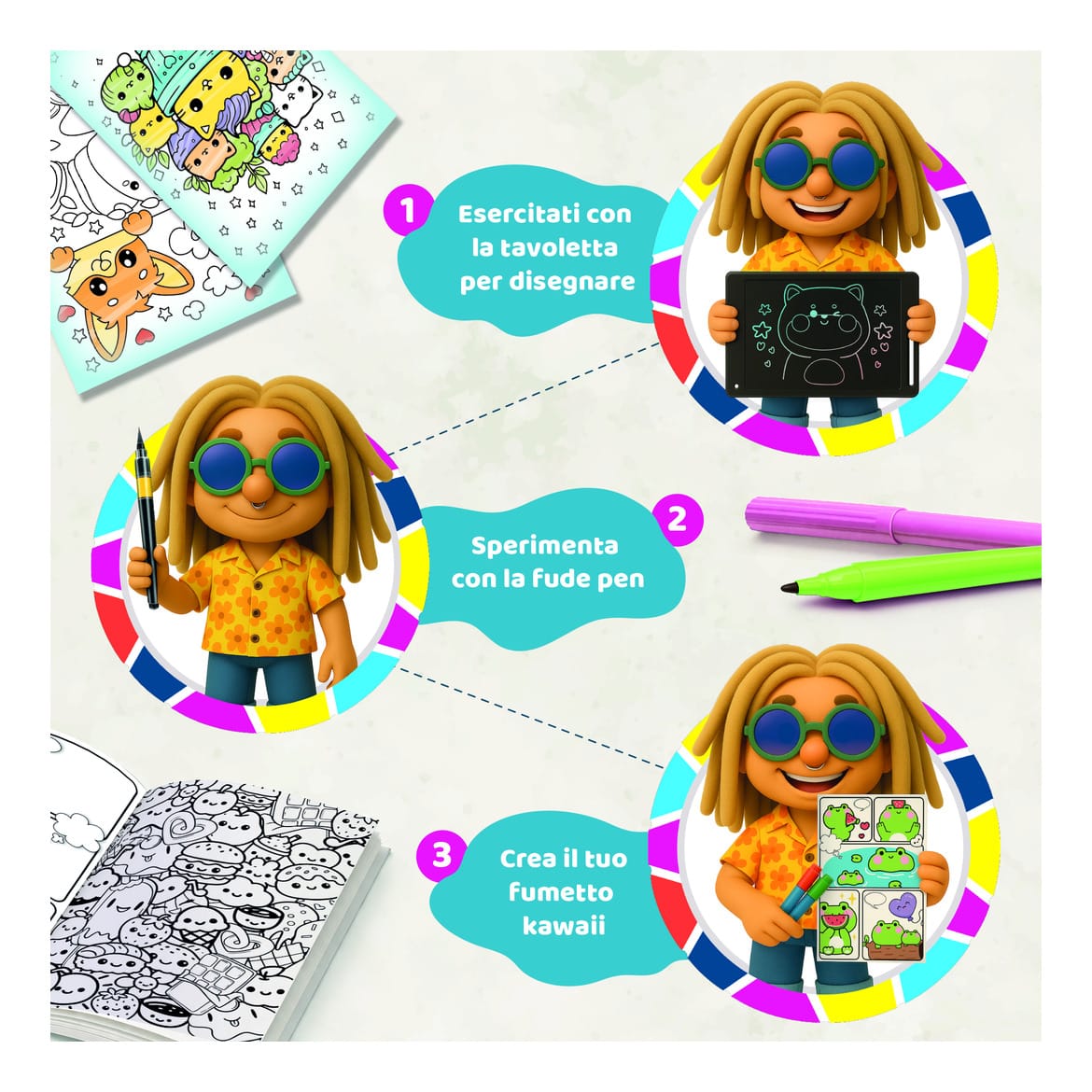 Lisciani Kids Art Kawaii Creative Set - Learn To Create Super Cute Drawings With LCD Tablet And Markers