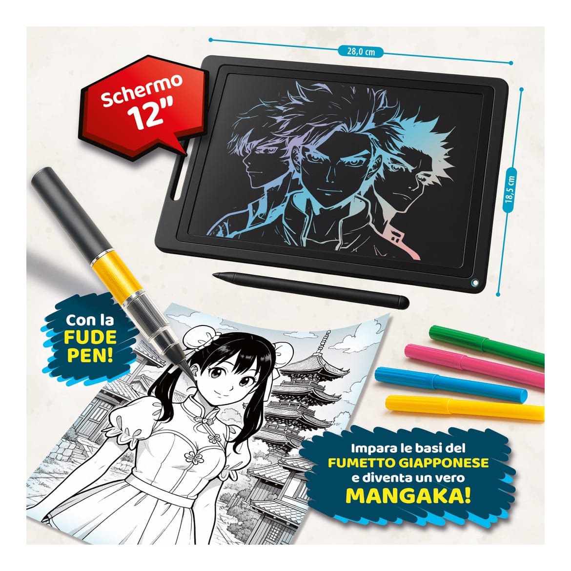 Lisciani Kids Art Manga Creative Drawing Set - Learn Manga Basics With LCD Drawing Tablet And Fude Pen