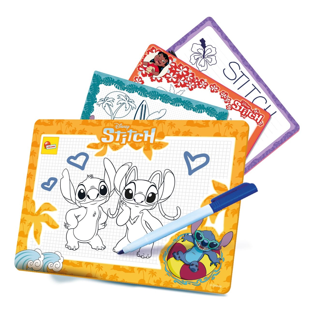 Lisciani Stitch Pocket Drawing School - Portable Stitch Themed Art Kit With 4 Mini Write-And-Wipe Boards