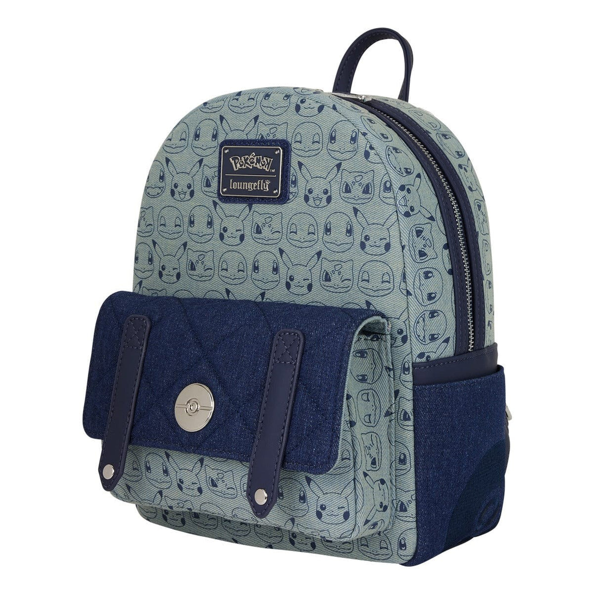 Loungefly - Pokemon Faux Denim Mini Backpack With Front Zipper Compartment And Adjustable Straps