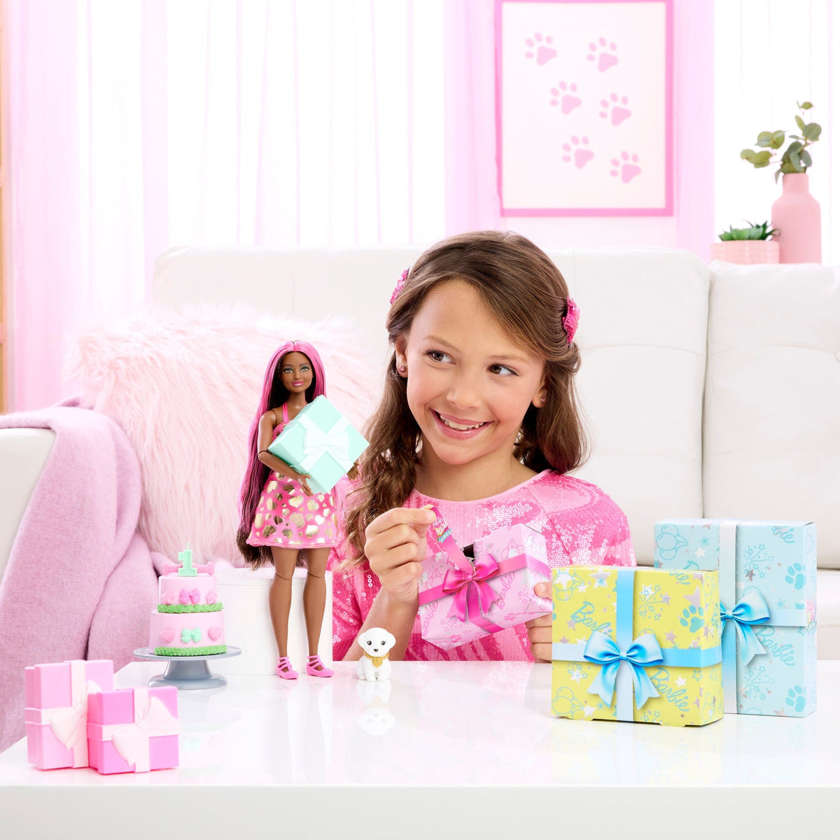 Barbie Party Unboxed Pet Birthday Doll Brunette with Ten Surprises 194735296507
