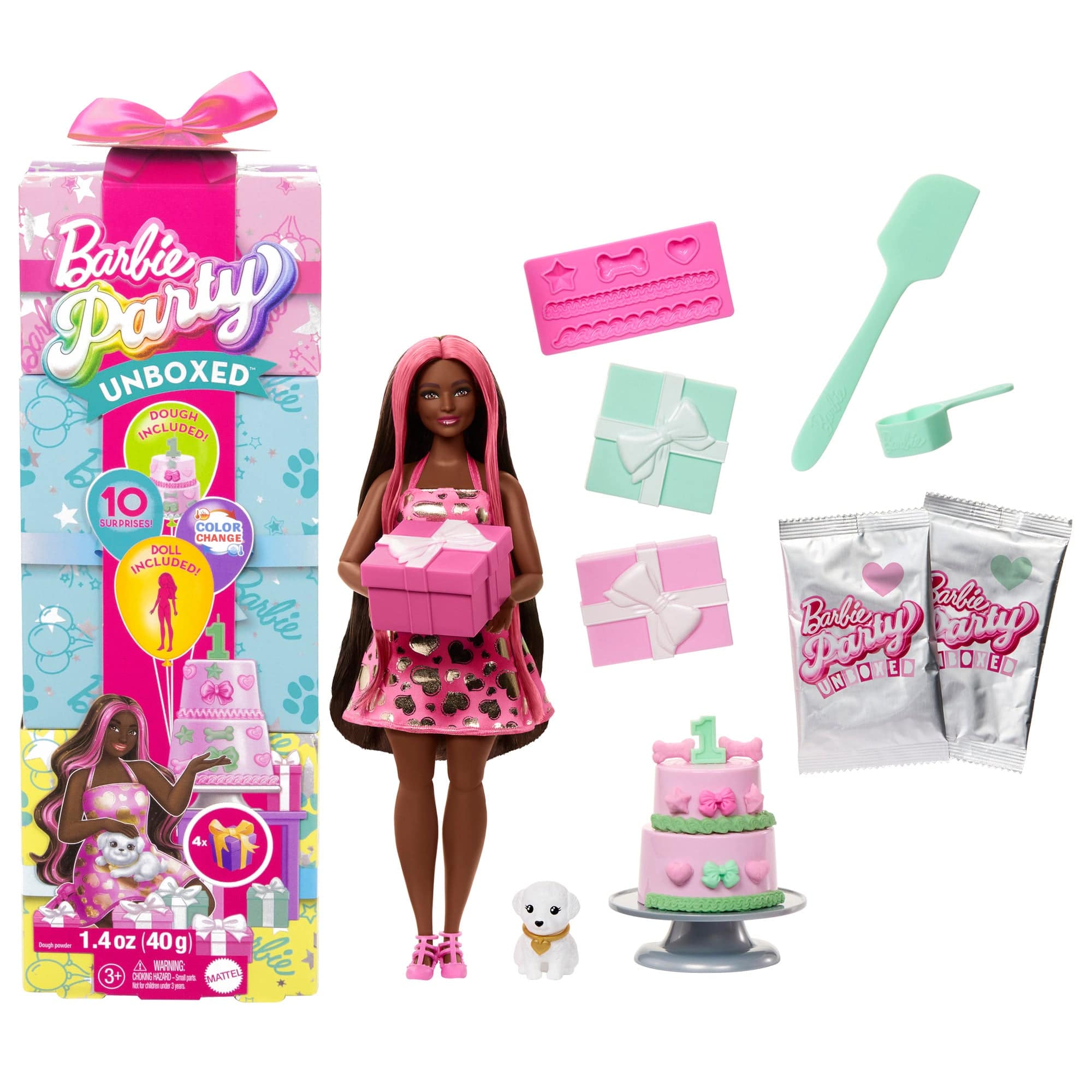 Barbie Party Unboxed Pet Birthday Doll Brunette with Ten Surprises 194735296507