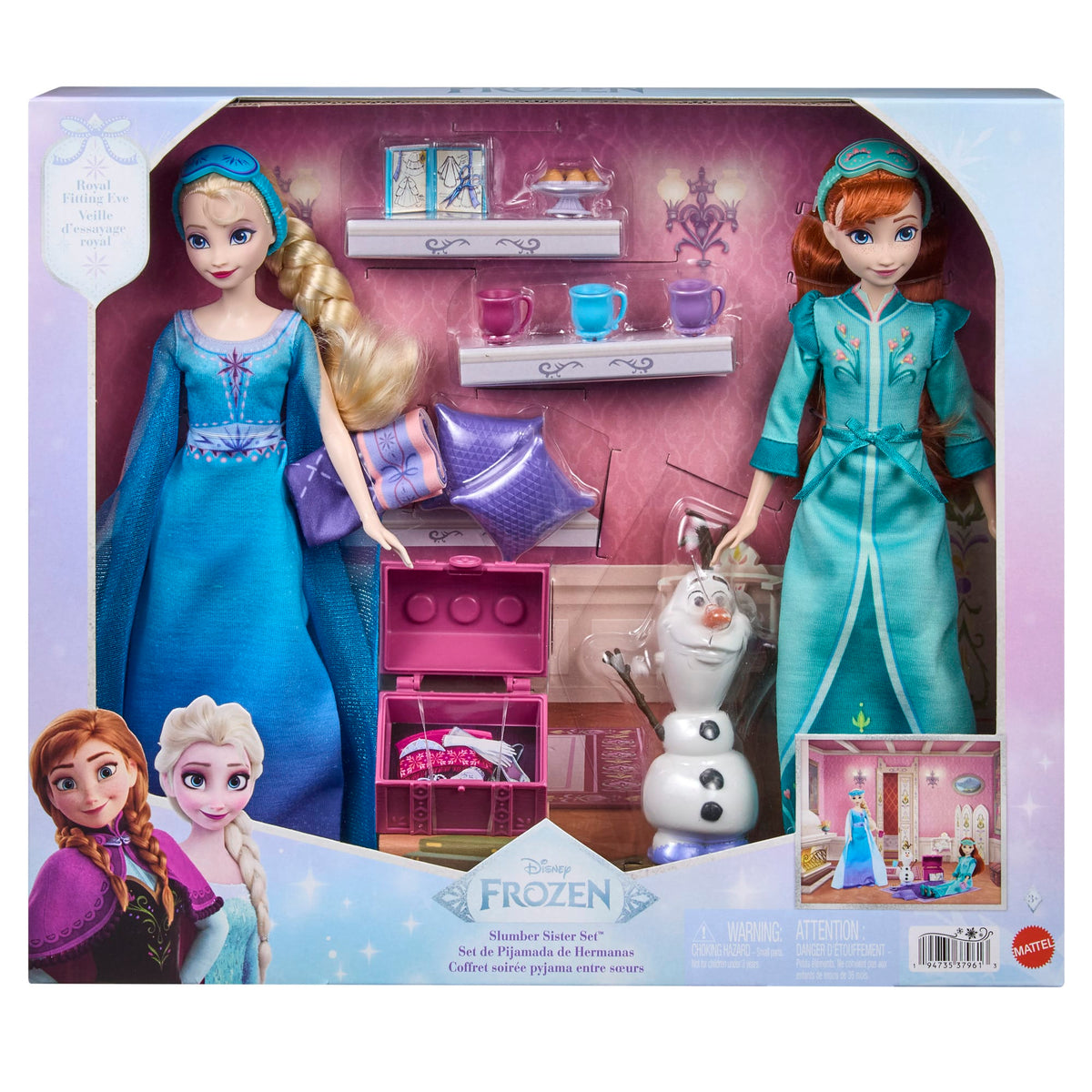 Mattel Disney Frozen Anna & Elsa Slumber Sister Doll Set with Olaf 194735379613