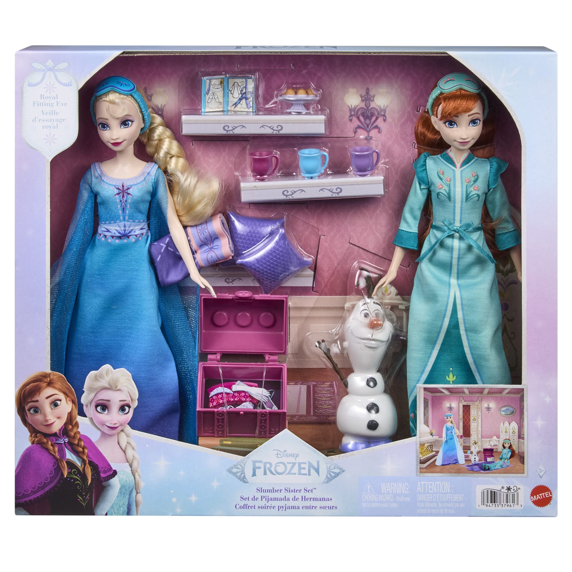 Mattel Disney Frozen Anna & Elsa Slumber Sister Doll Set with Olaf 194735379613