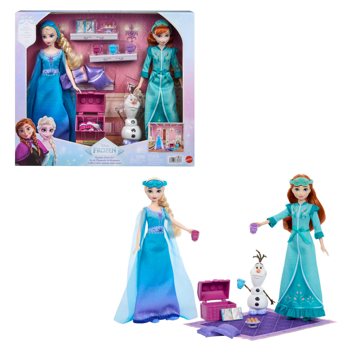 Mattel Disney Frozen Anna & Elsa Slumber Sister Doll Set with Olaf 194735379613