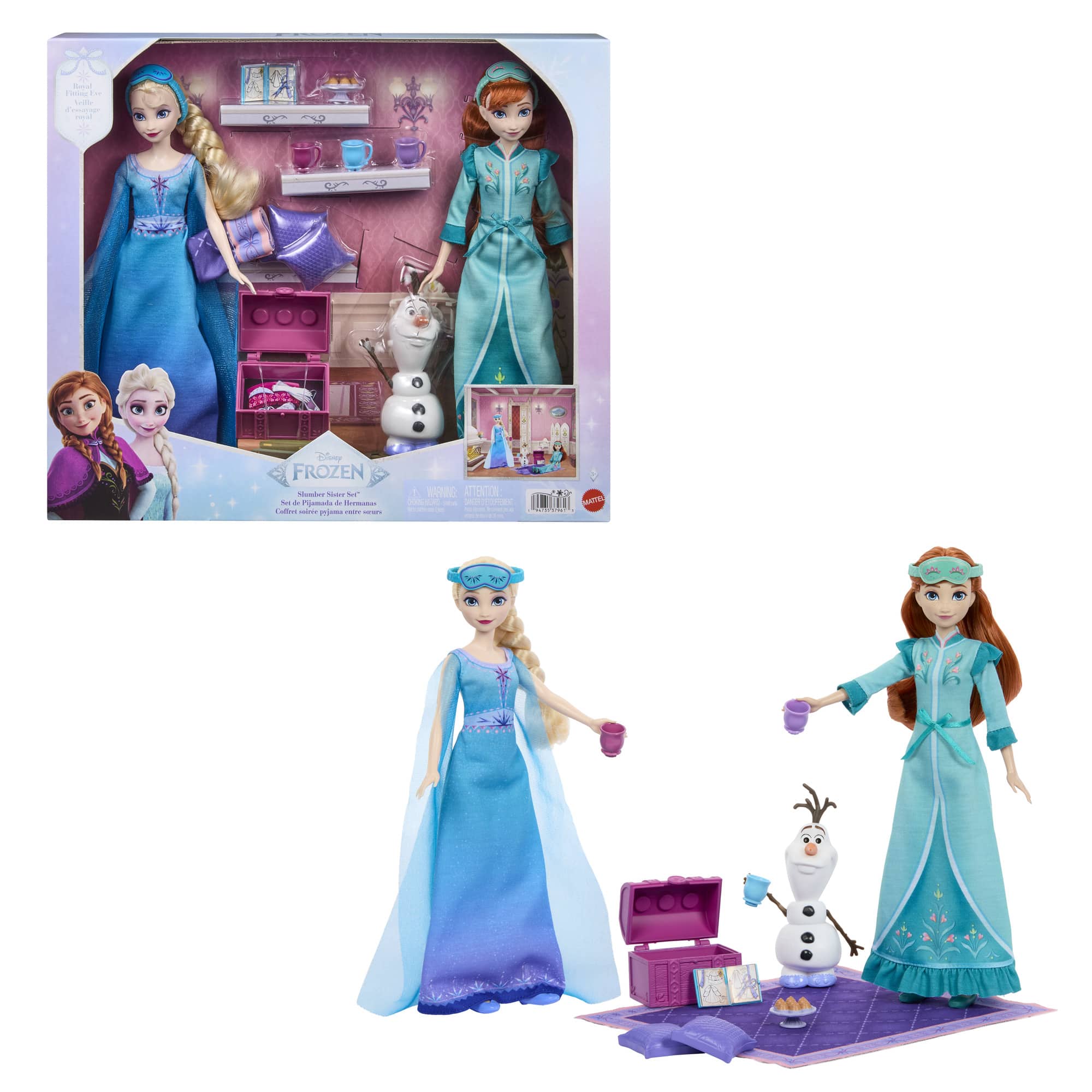 Mattel Disney Frozen Anna & Elsa Slumber Sister Doll Set with Olaf 194735379613