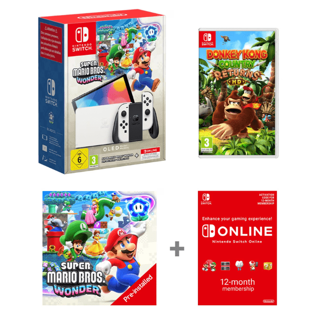 Nintendo Switch (OLED Model) + Mario Wonder Bundle + 12 Months NSO + Donkey Kong Country Returns HD