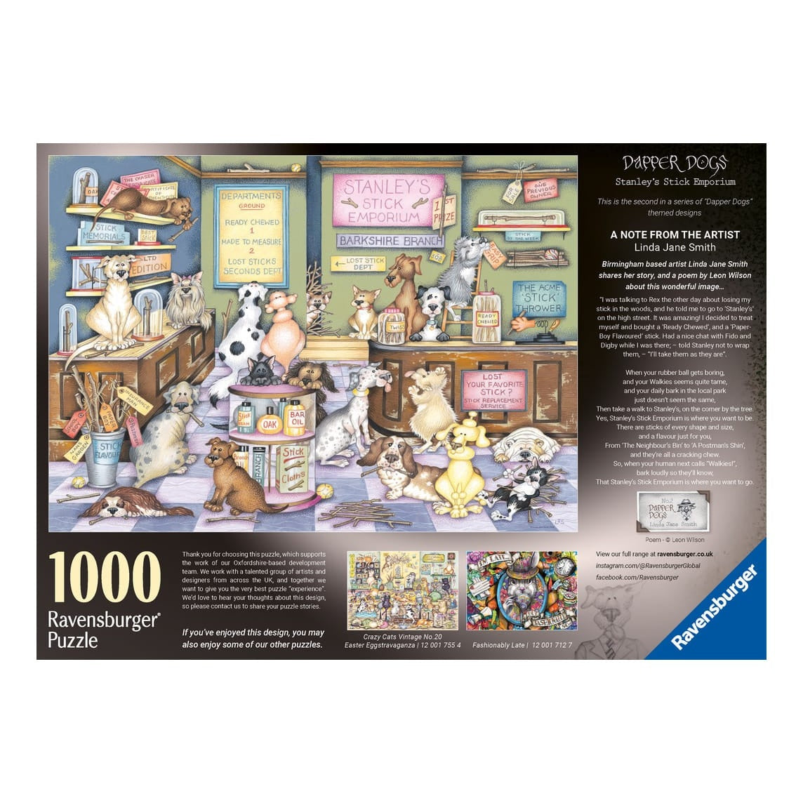 Ravensburger 1000 Piece Jigsaw Puzzle Dapper Dogs No 2 Stanley's Stick Emporium Linda Jane Smith 4005555017561