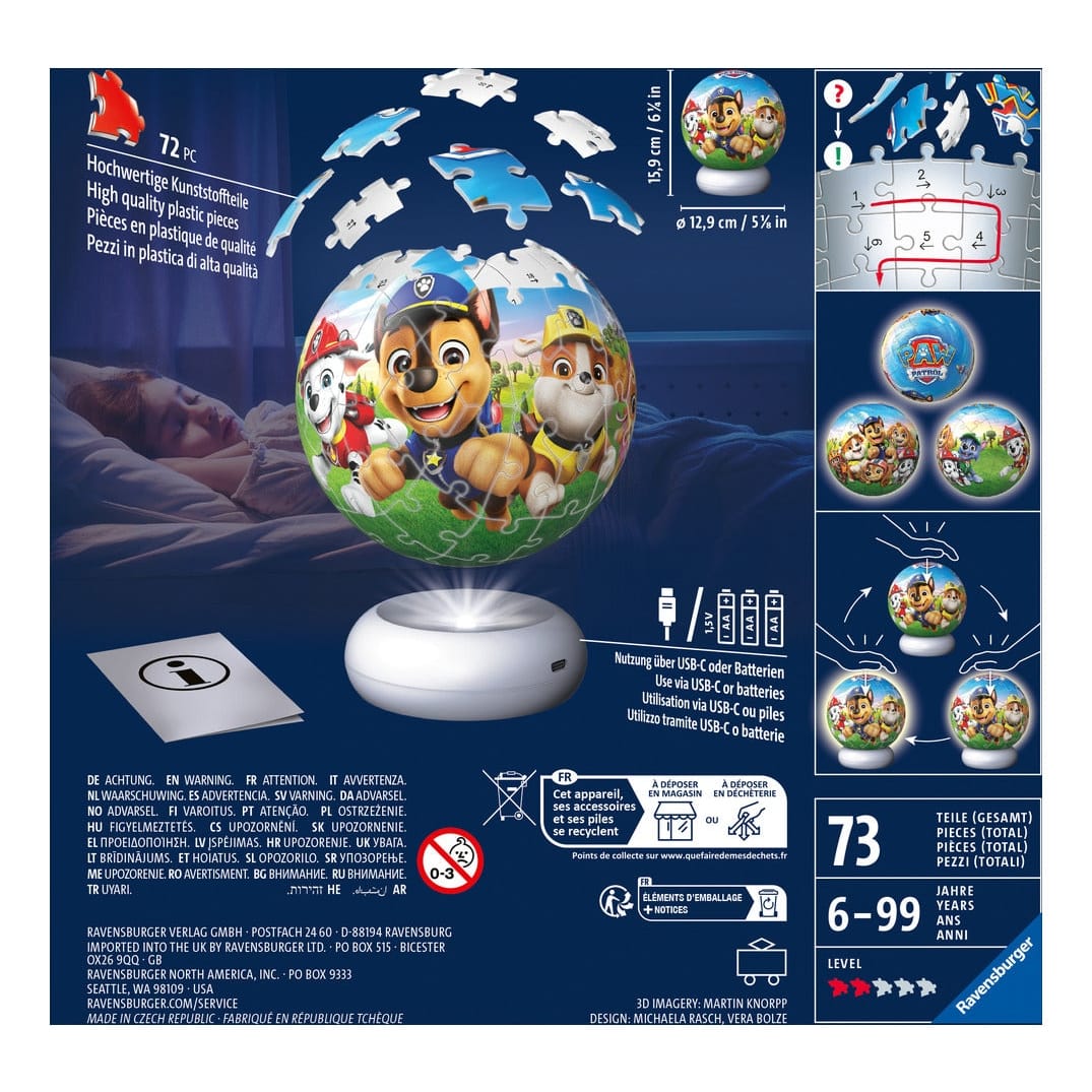 Ravensburger Paw Patrol 72 Piece Jigsaw Puzzle Night Light Ball 3D Collectible Gift 4005555080572