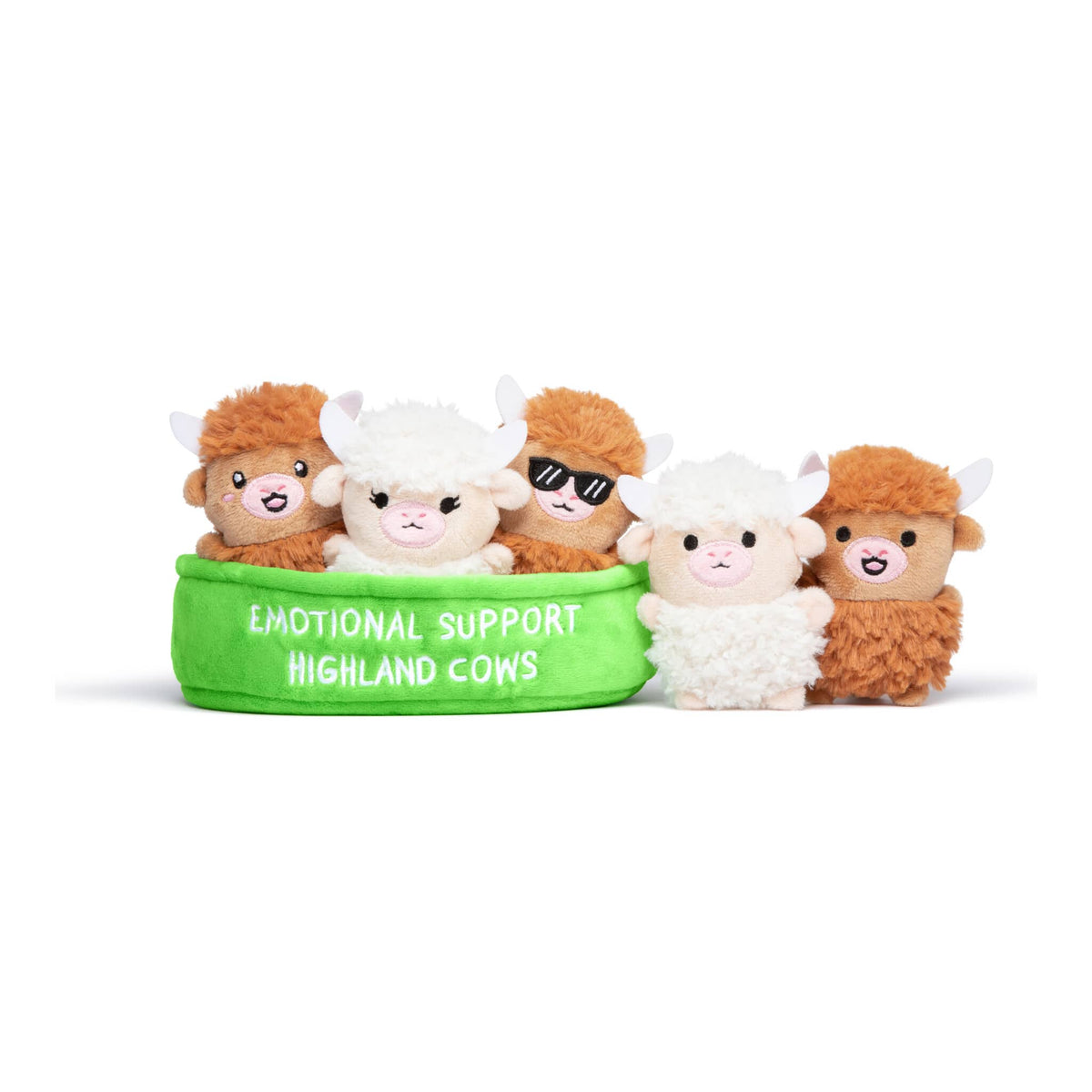 Relatable Emotional Support Highland Cows Plush Set – 5 Plushies with Basket