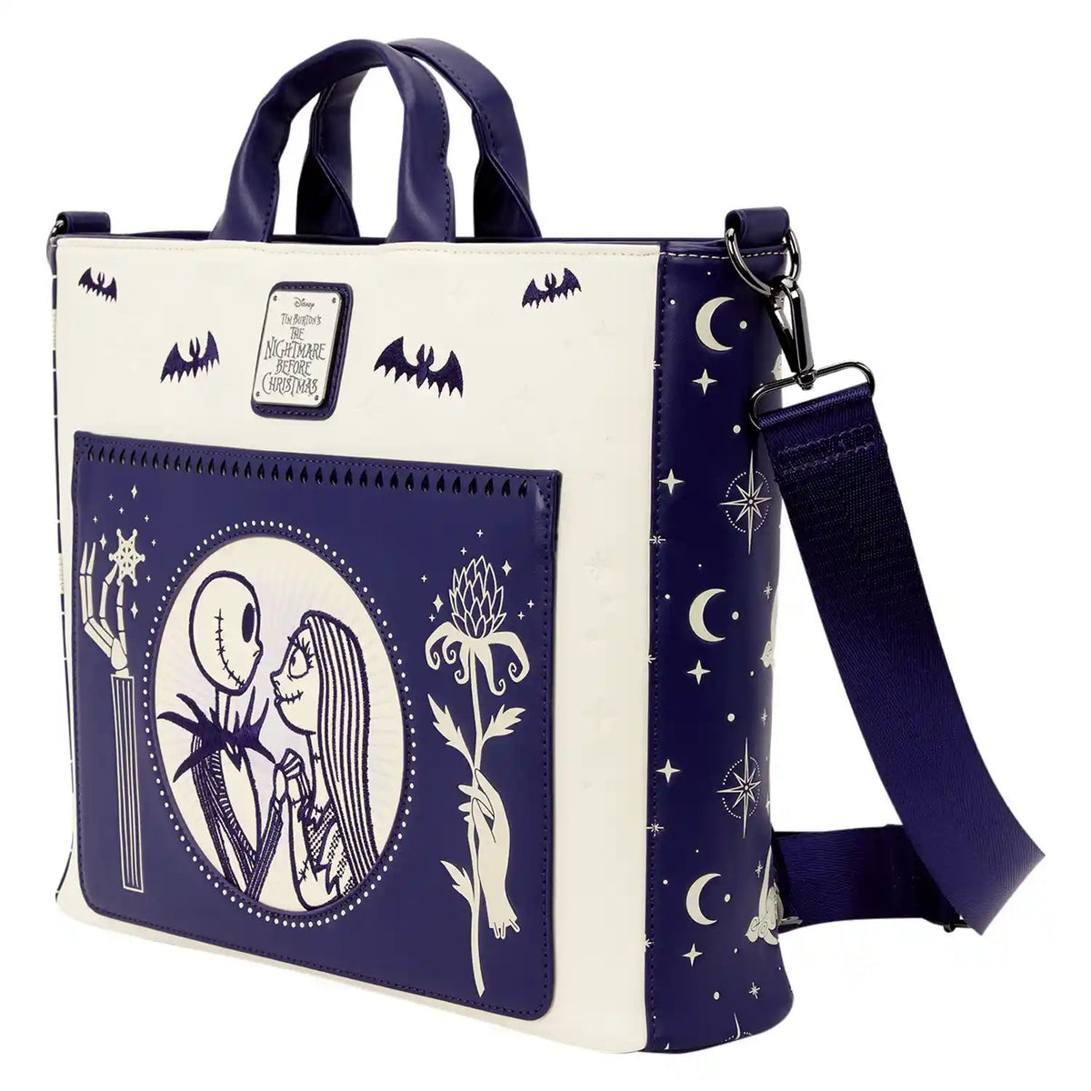 Loungefly Disney Tim Burton's The Nightmare Before Christmas Jack Skellington & Sally Night Sky Convertible Backpack Tote Bag