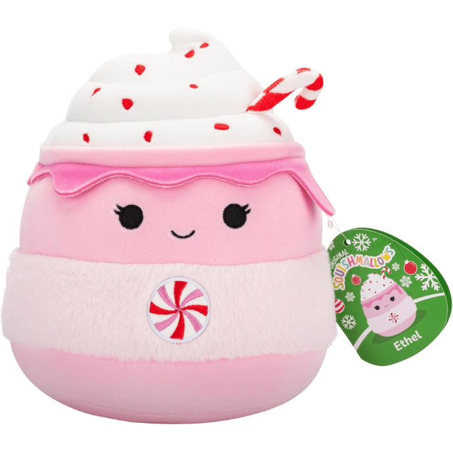 Squishmallow Kellytoy Christmas Plush 7.5" Ethel the Pink Candy Cane Hot Chocolate