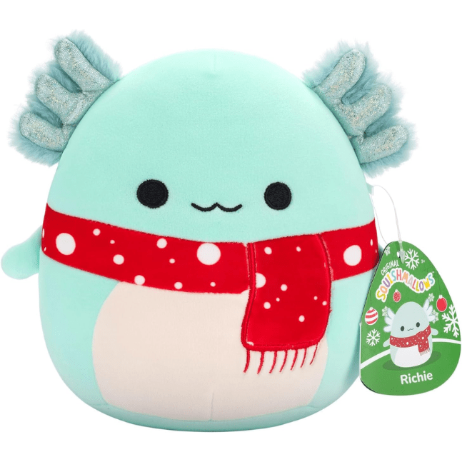 Squishmallow Kellytoy Christmas Plush 7.5" Richie the Teal Axolotl with Red Spotted Scarf